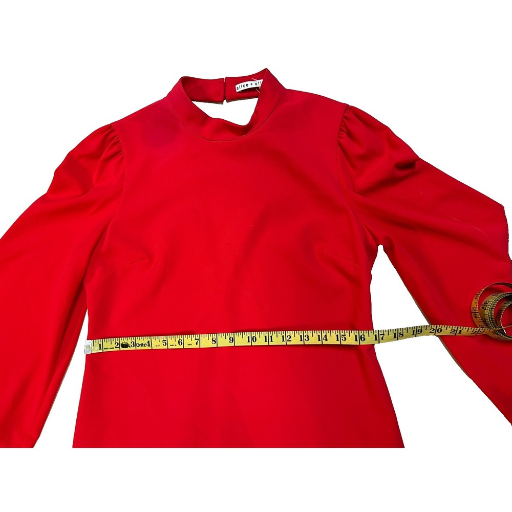 Alice & Olivia Bailey Mini Dress Red Mock Neck V-Back Zip 3/4 Bell Sleeve SZ 8 - Picture 16 of 16